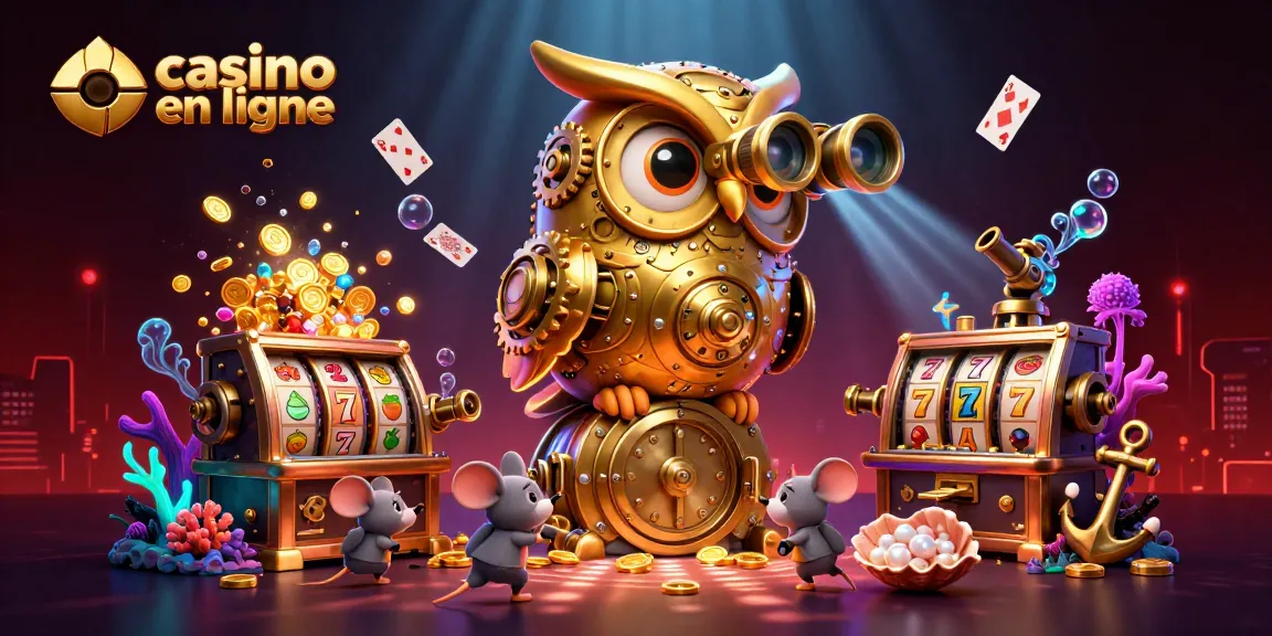 Visualisez un casino en ligne animé mettant en scène des machines à sous, des personnages interactifs et des trésors lumineux.