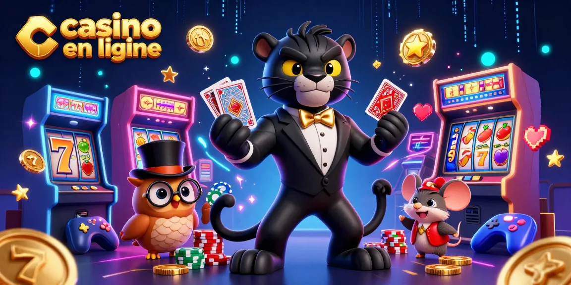 Une illustration captivante de "casino en ligne" mettant en scène un panthère élégante distribuant des cartes entourée d'une chouette et d'une souris porte-chance.