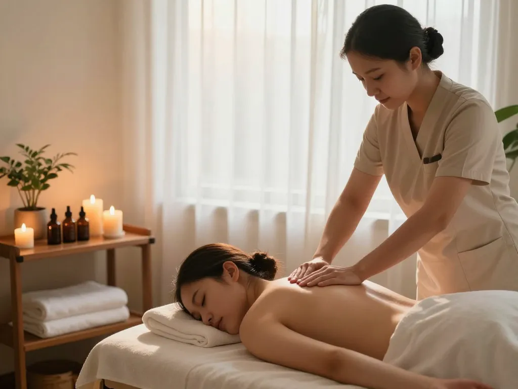 Relaxing massage therapy session with professional performing 마사지 in tranquil spa setting.