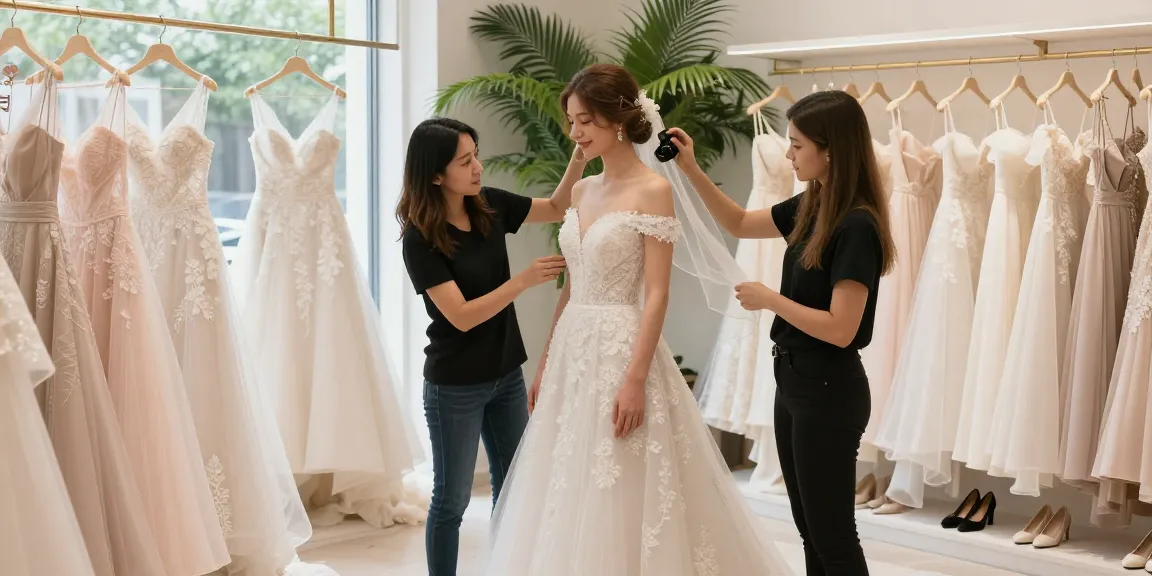 Consulenza di bridal styling con stilista che aiuta una sposa a scegliere accessori eleganti in un boutique luminosa.