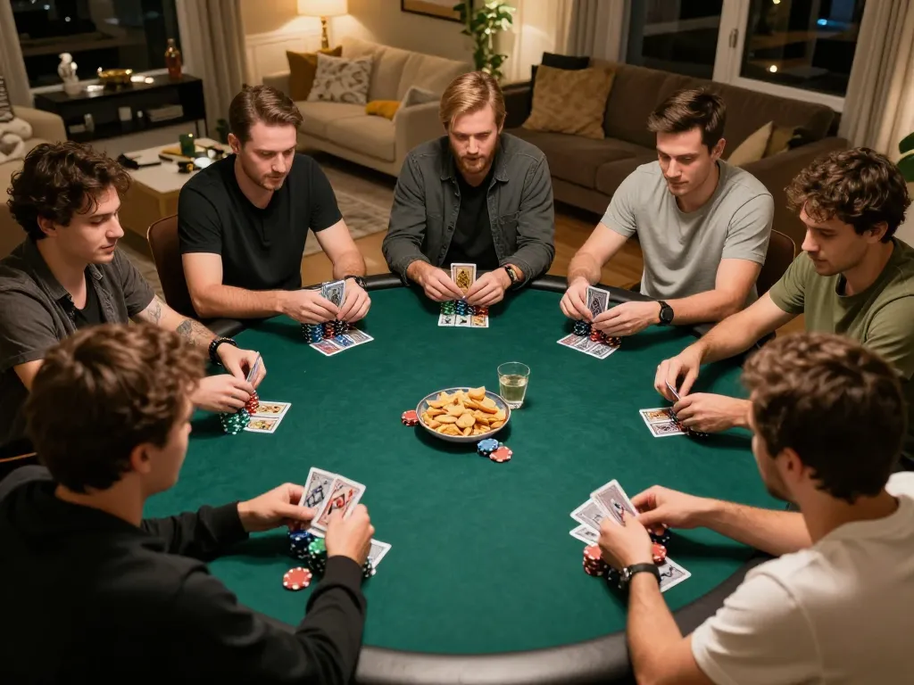 Friends engage in a strategic poker game during a home night, highlighting onbet excitement.
