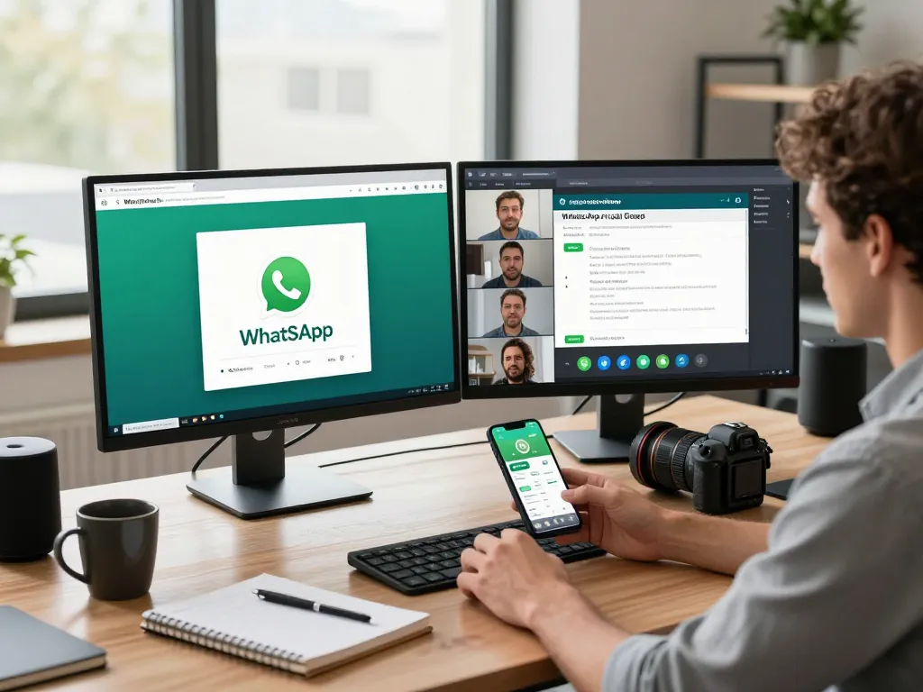 在现代工作空间中使用双屏进行WhatsApp网页版协作。