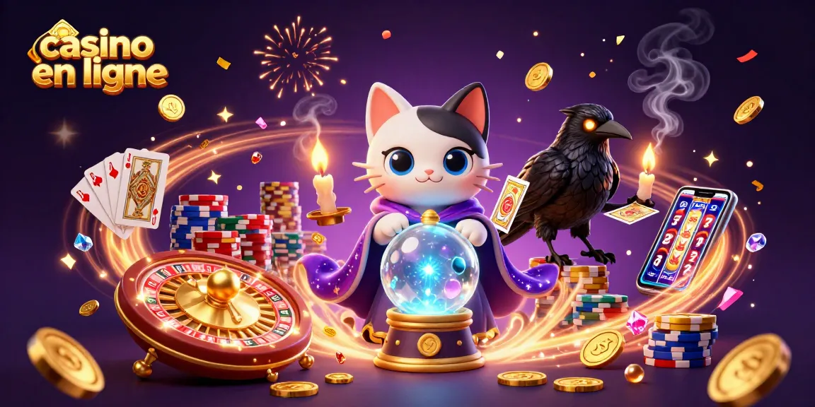 Jouer au casino en ligne avec un chat mystique et un corbeau, entourés de pièces d'or et de jetons multicolores.
