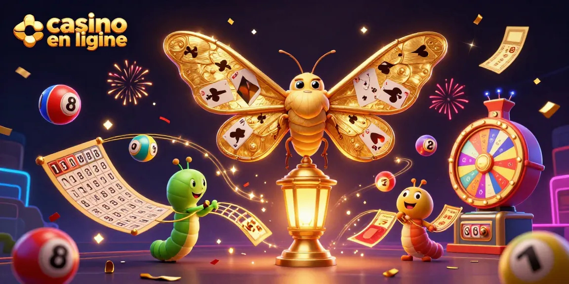 Profitez des jeux de casino en ligne avec un papillon atlas 3D au centre, entouré de balles de loterie colorées.