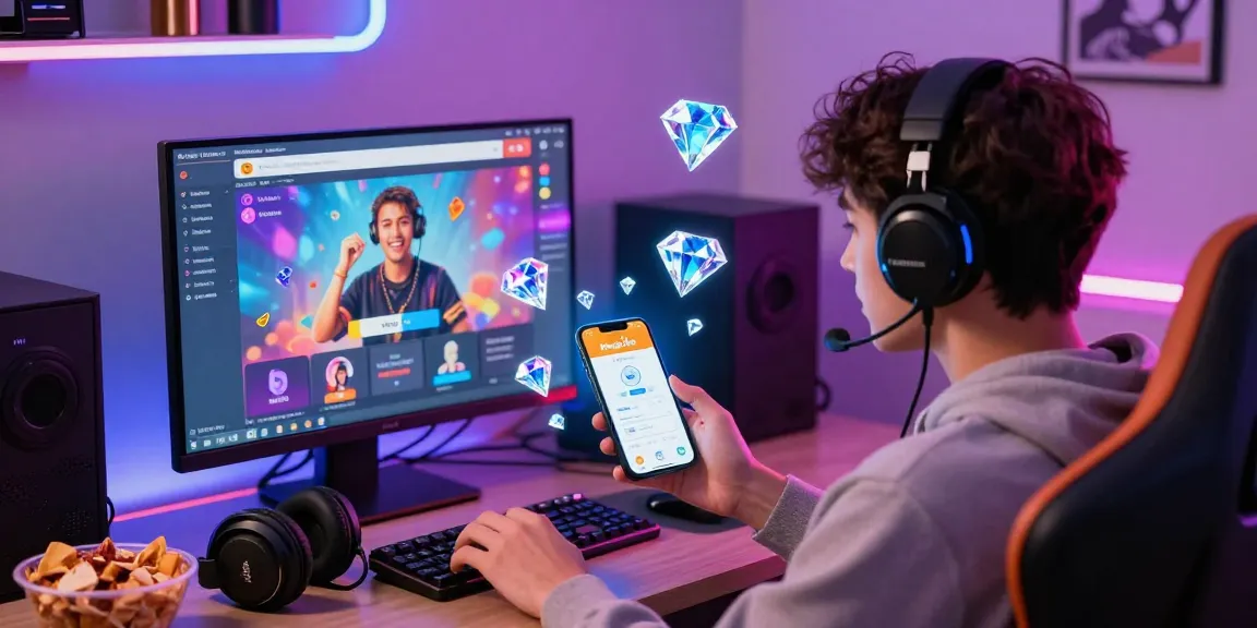 Engaging scene of a user performing a mango live top up, illustrated with floating diamonds and live streaming elements.
