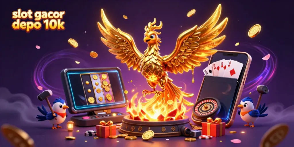 Slot gacor depo 10k menampilkan phoenix emas mistis bertransaksi emas dengan perangkat slot interaktif.