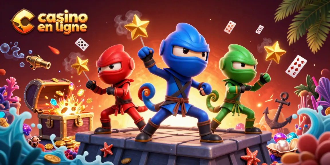 Scène animée de casino en ligne avec des ninjas caméléons, pièces d'or et cartes flottantes.