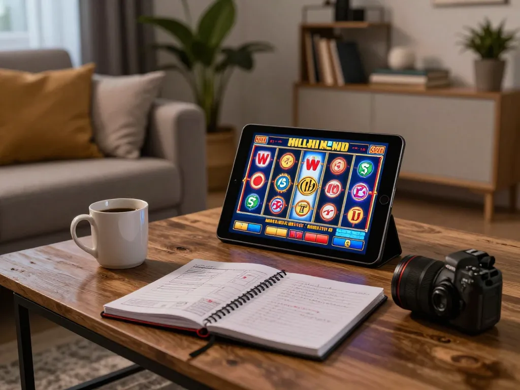 Engaging activity on jus77 slot game from a cozy home setting with tablet in use