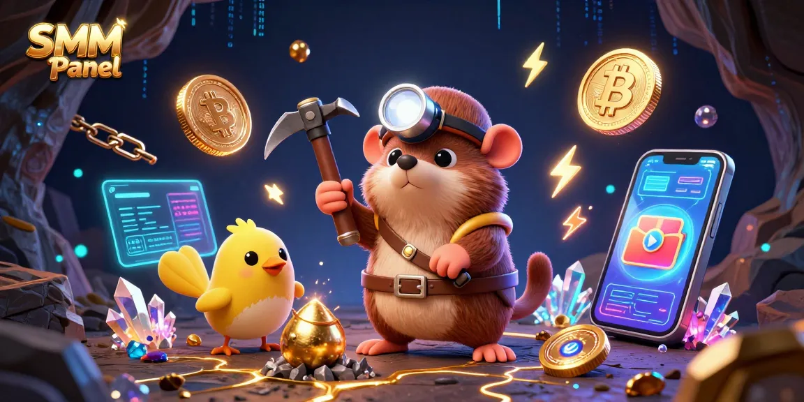 Engage with SMM Panel through dynamic mining and glowing crypto elements in this vibrant illustration.