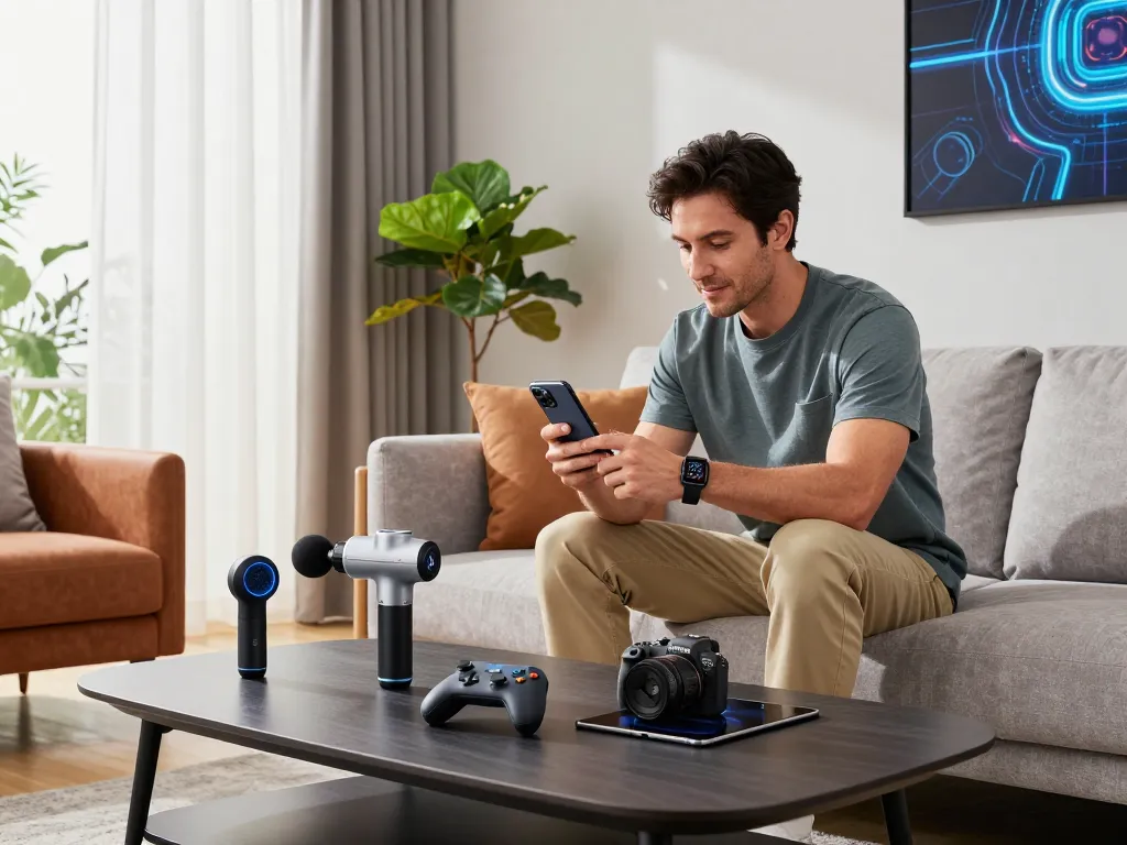 Best tech gadgets for men in a stylish living room showcasing Bluetooth devices, a man enjoying innovative tech lifestyle.