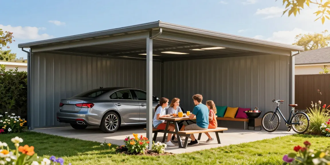 Moderne Carport mit schickem Auto darunter, Familie genießt sonnigen Tag im Garten.