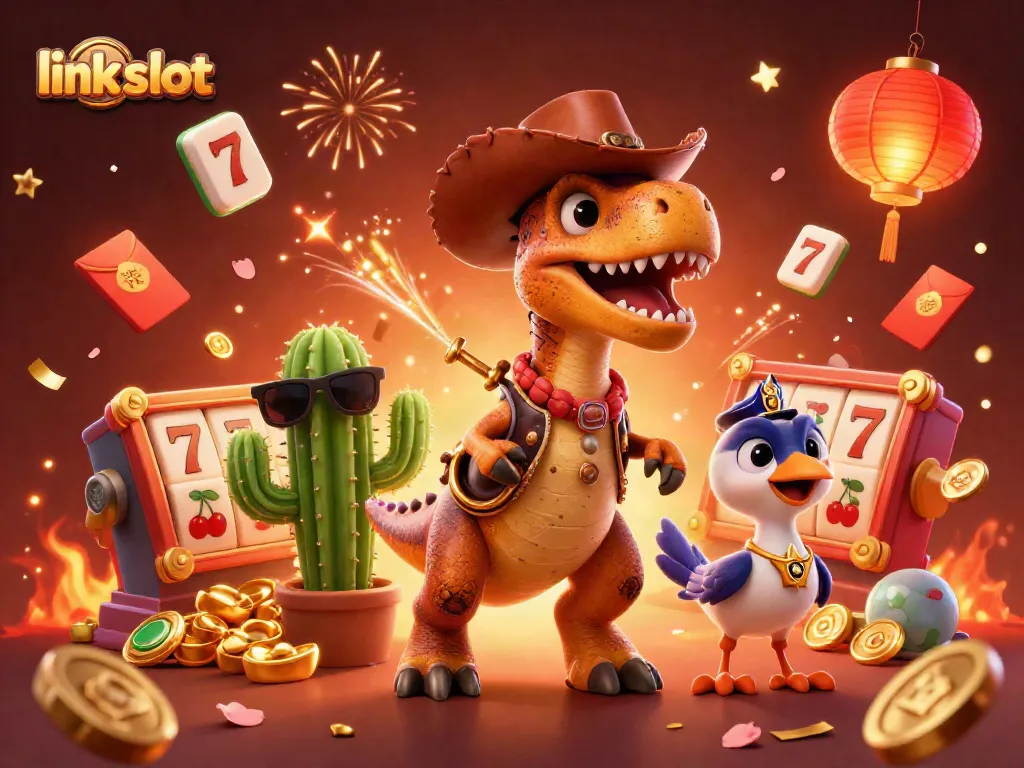 Bermain di link slot dengan karakter kartun kaya mahakarya dalam suasana kasino yang meriah.