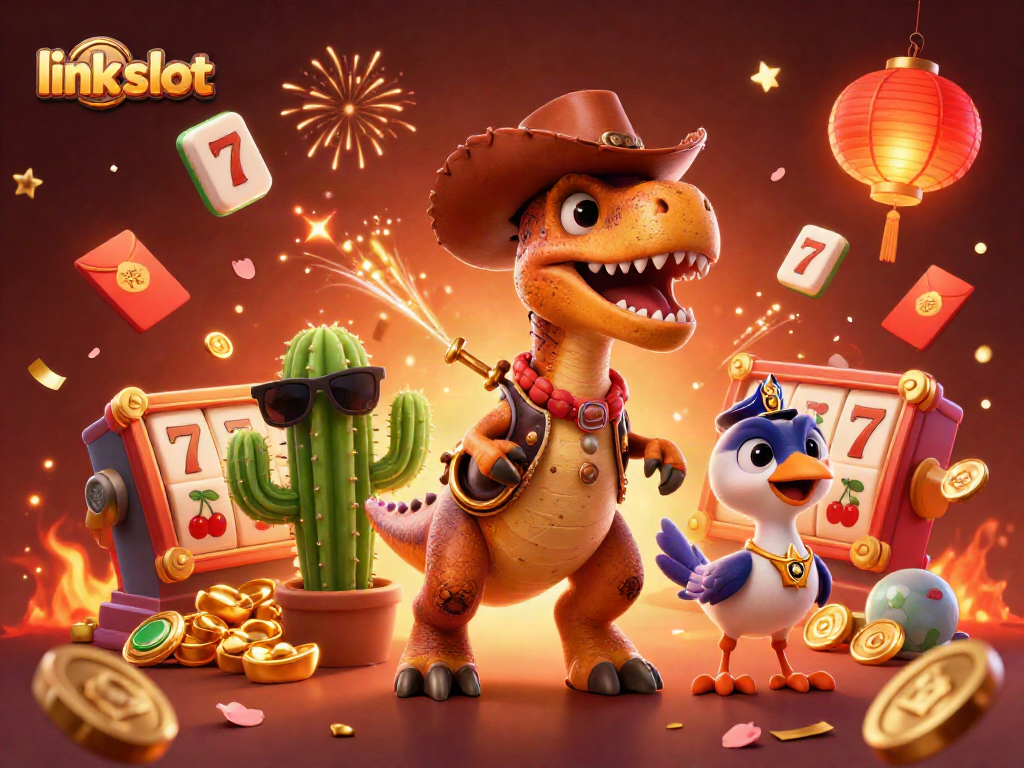 Bermain di link slot dengan karakter kartun kaya mahakarya dalam suasana kasino yang meriah.