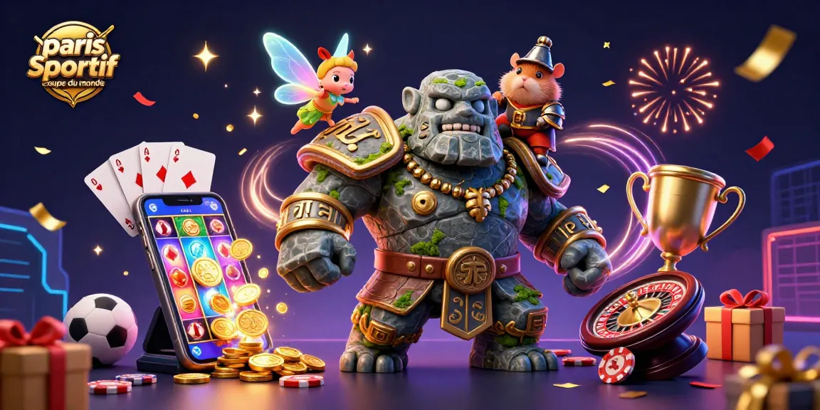 Paris sportif coupe du monde : un golem gardien animé avec un hamster chevalier et une fée de magie.