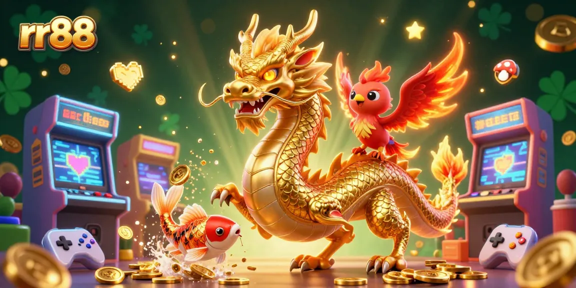 Experience vibrant gaming action with rr88, featuring a golden dragon, phoenix, and koi amidst coins and arcade machines.