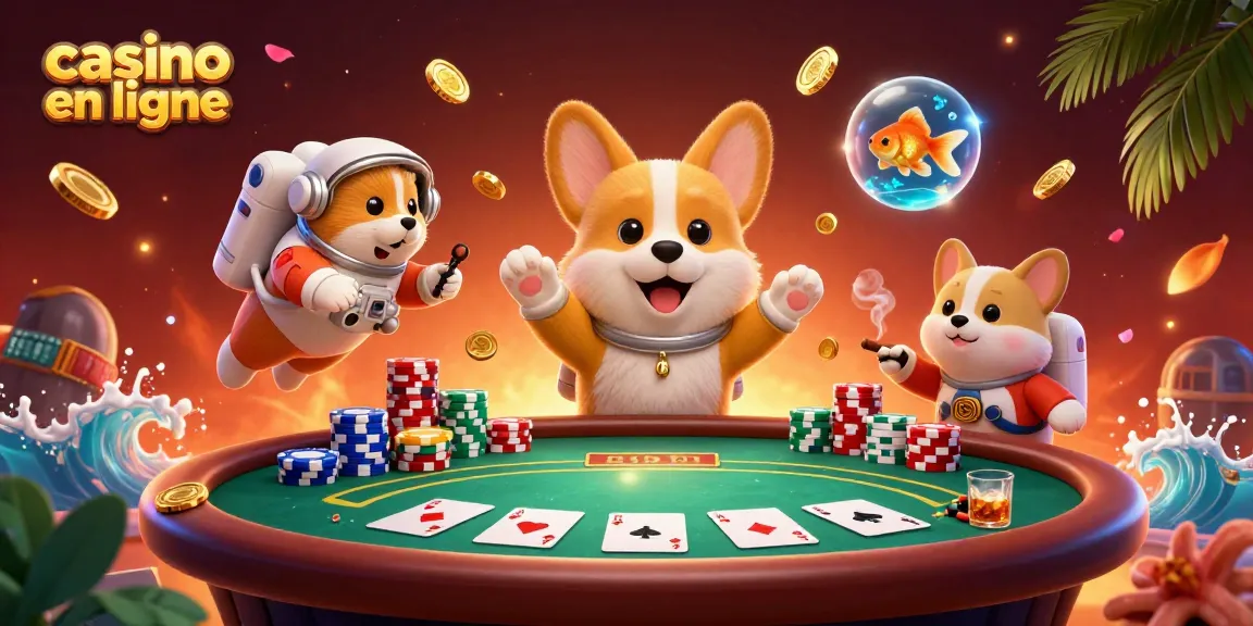 Visuel captivant d'un casino en ligne avec un corgi astronaute et des jetons de poker flottants