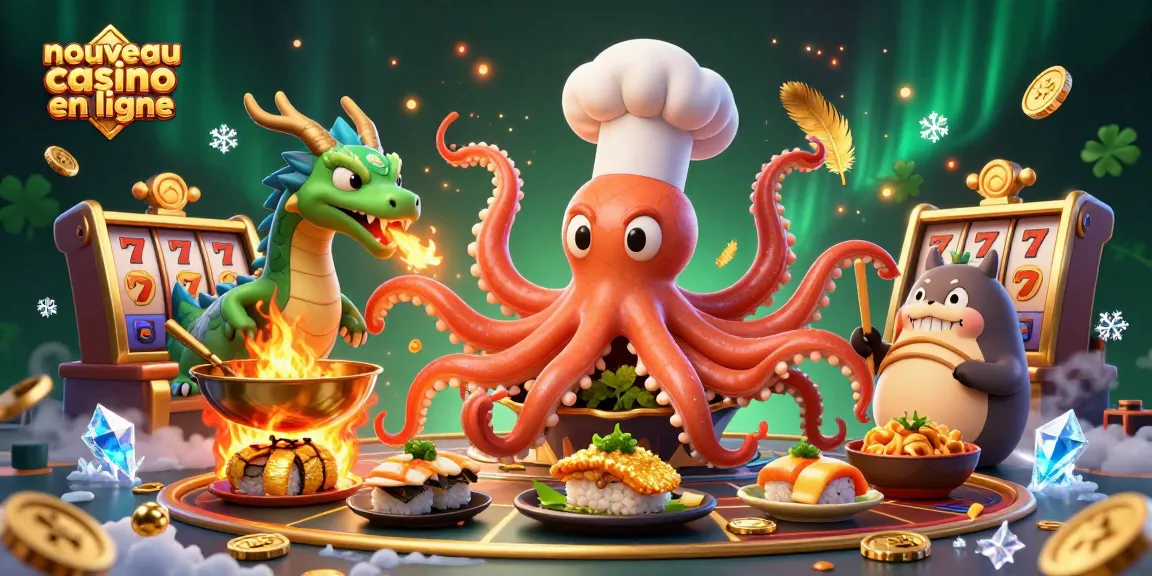 Illustration dynamique de nouveau casino en ligne, avec un octopus chef, un dragon, et un client tanuki.
