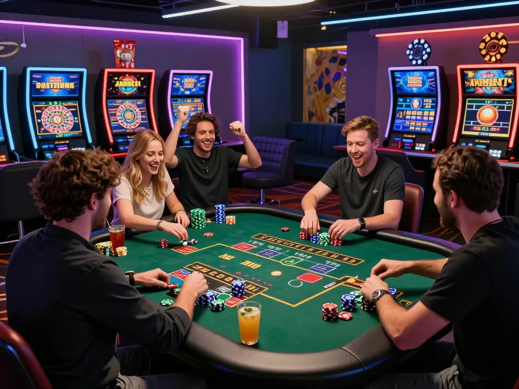 Exciting MM88 online casino scene with players enjoying roulette and blackjack amid vibrant LED lights and gaming merchandise.
