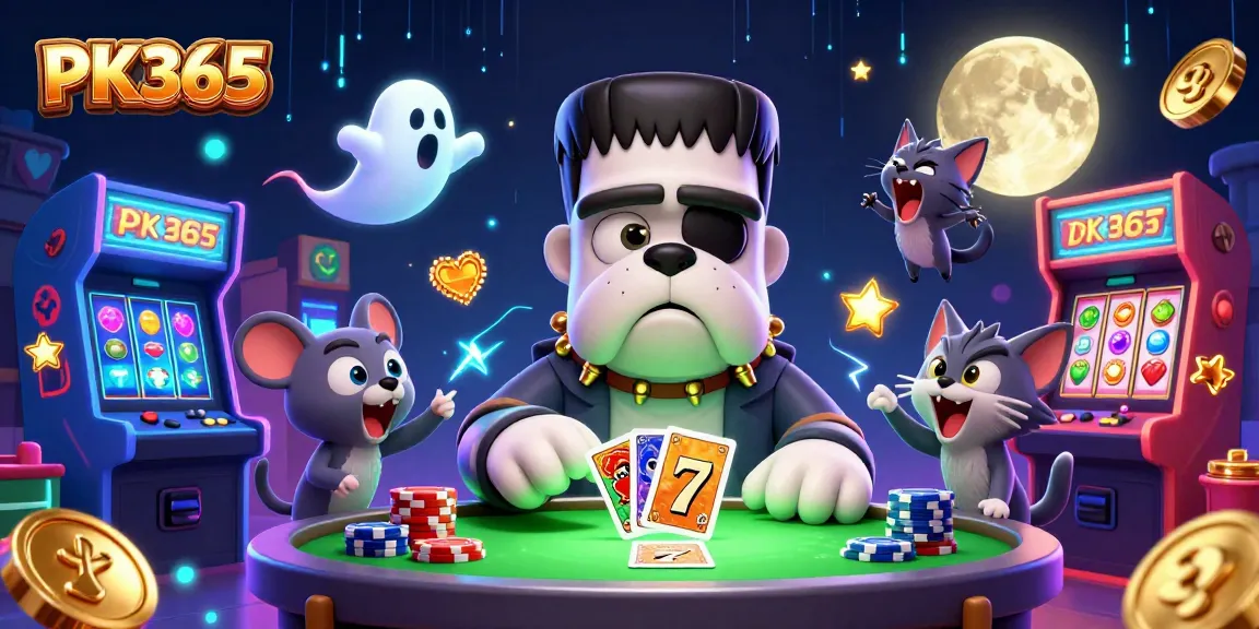 Experience the excitement of PK365 with the Frankenstein bulldog dealer and vibrant casino elements.