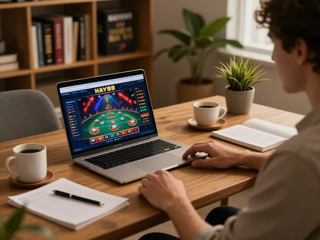Engaged player enjoying HAY88x online casino on laptop in a cozy home setting.