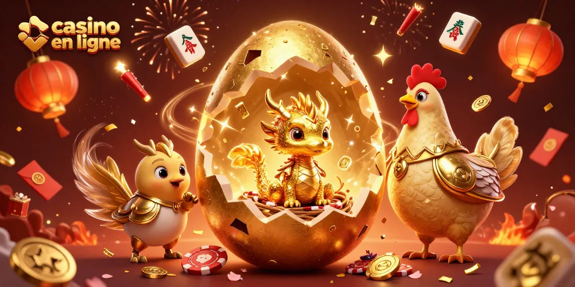 Jouer à un casino en ligne avec un dragon doré, des jetons de poker, et des feux d'artifice.