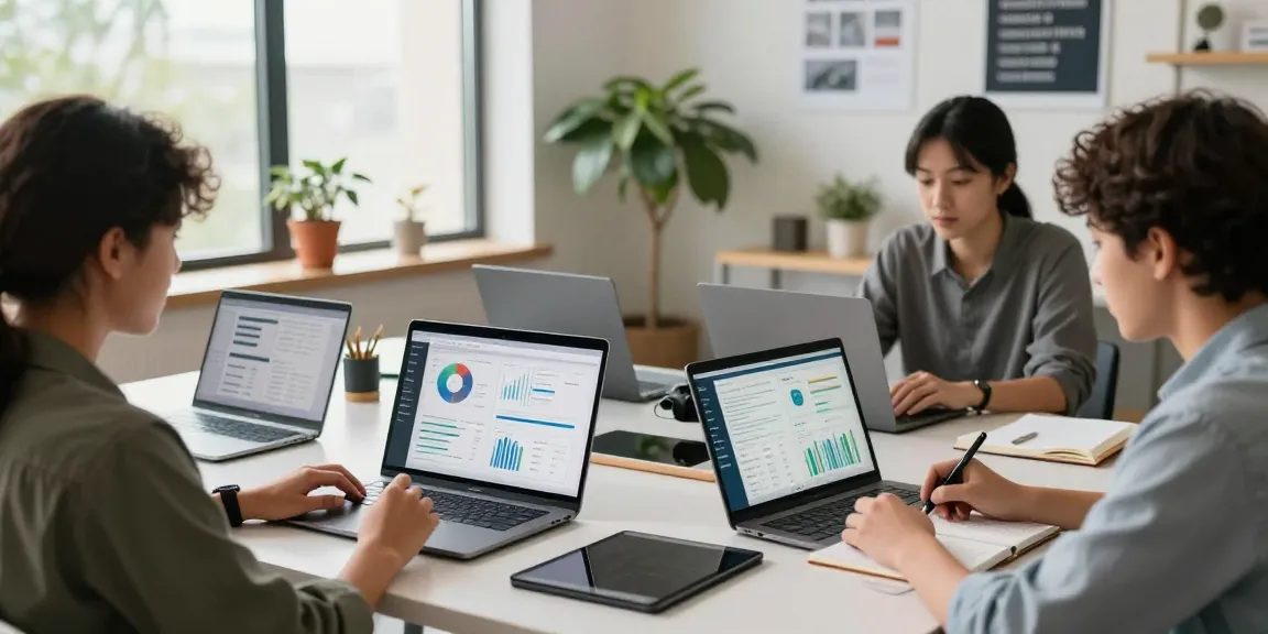 Students in an interactive marketing analytics and targeting course using laptops and tablets to enhance their learning experience.