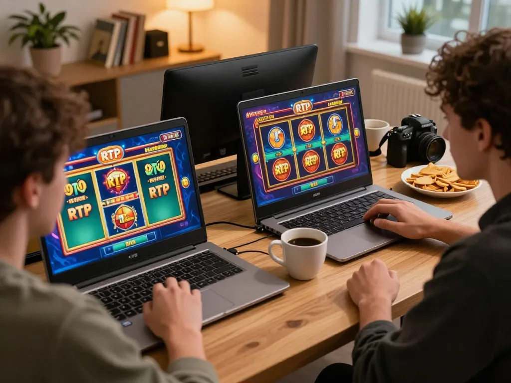 Players enjoying kdslot games on laptops with vibrant graphics in a cozy online gaming setup