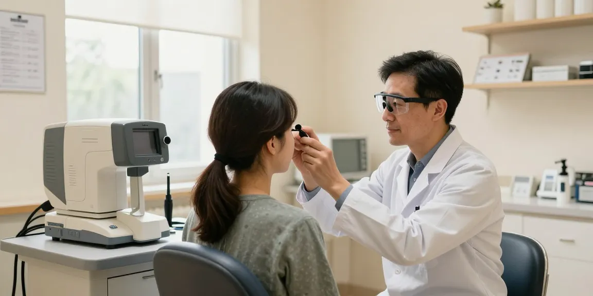Ophthalmologist examining patient for glaucoma in a bright clinic.