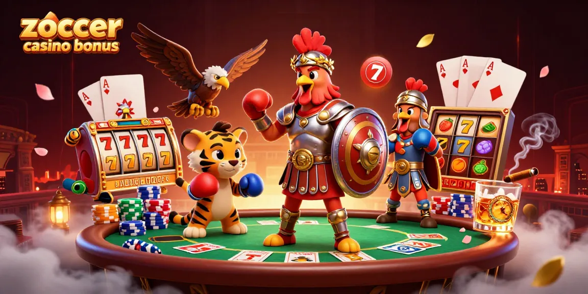 Zoccer casino bonus scene showcasing a gladiator rooster in a colosseum, surrounded by poker elements and slot symbols.