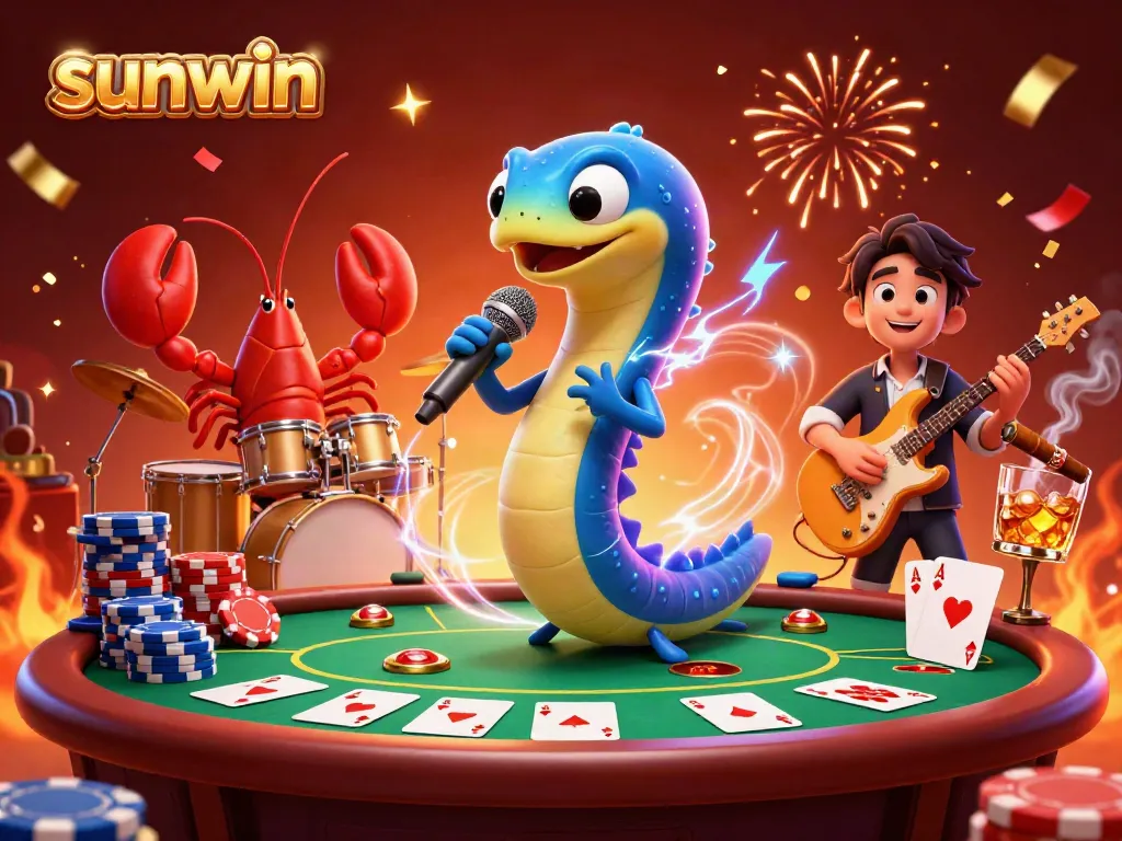 Sunwin elevates gaming with an electric DJ eel, showcasing vibrant casino elements and engaging backdrop.