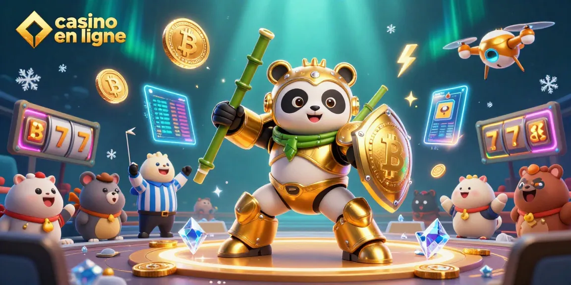 Animation captivante avec un panda doré en mech dans un casino en ligne dynamique.