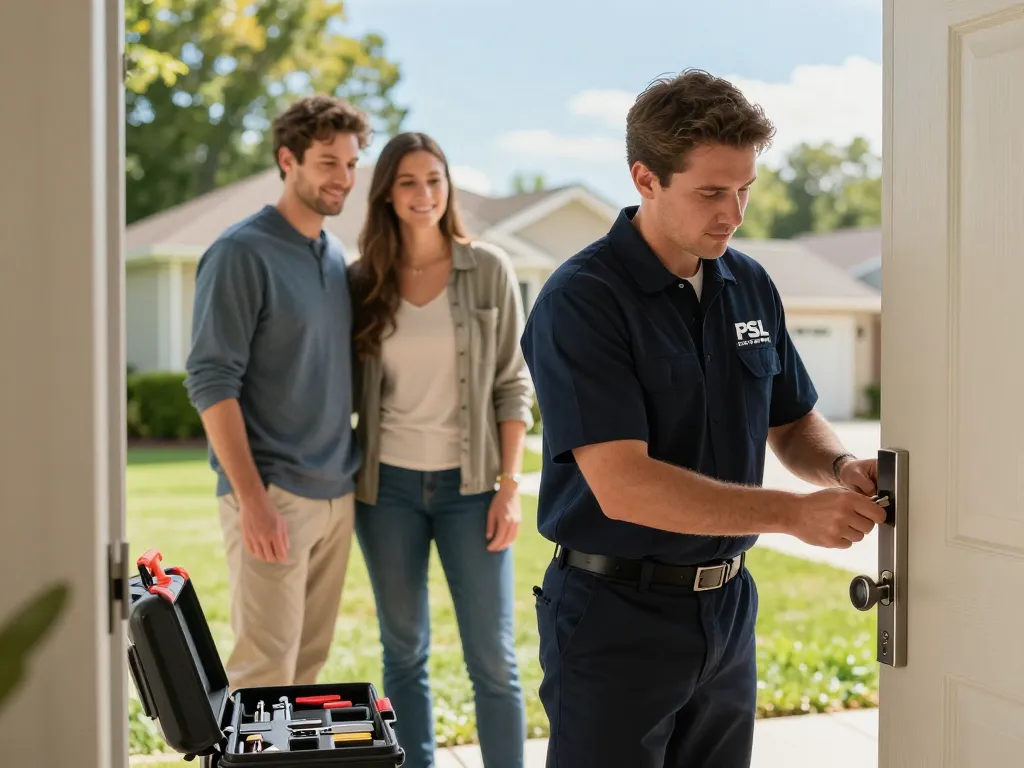 Expert locksmith from PSL Lock and Key Fort Pierce unlocking a suburban door, showcasing professional tools and satisfied customer.