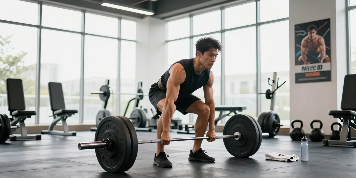 Anabolika-Shop: Kraftsportler beim Training mit Gewichten in modernem Fitnessstudio, umgeben von Sportgeräten.