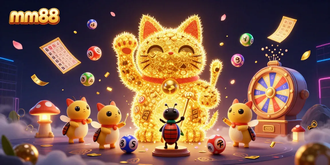 Experience mm88's vibrant casino atmosphere with a colorful illustration featuring a lucky cat and dynamic gaming elements.