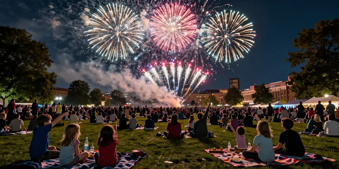 Manchester fireworks illuminating the sky during a community celebration, families enjoying the festive atmosphere.