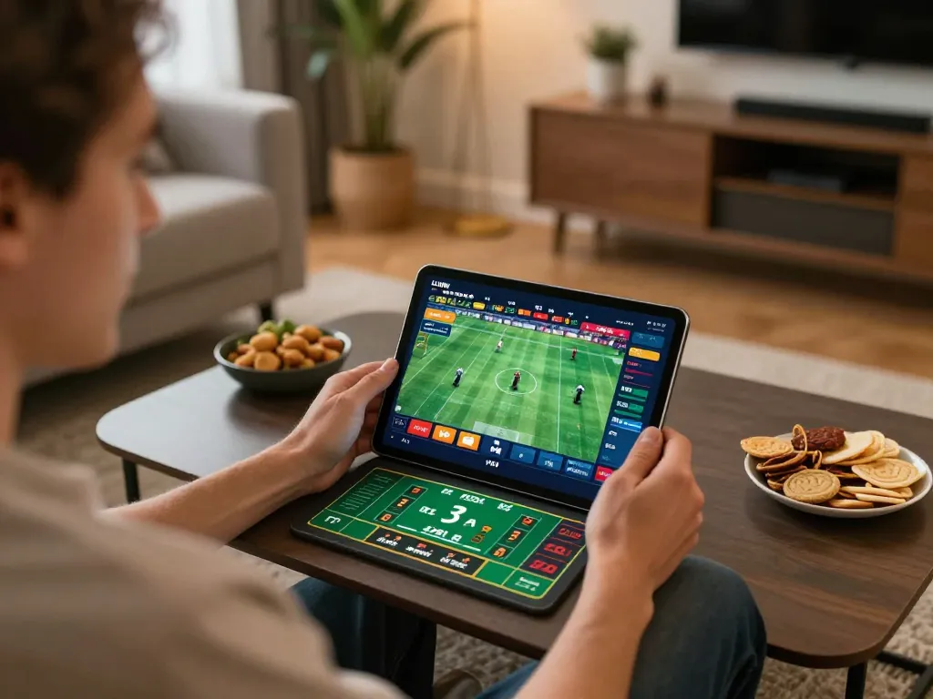 Enthusiastic user engages with LLWIN app for real-time sports betting, capturing excitement in a cozy setting