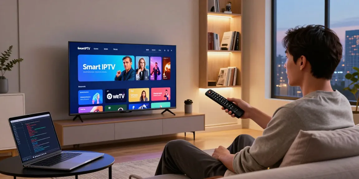 Smarter IPTV Nutzung im modernen Wohnzimmer mit Tablet und TV