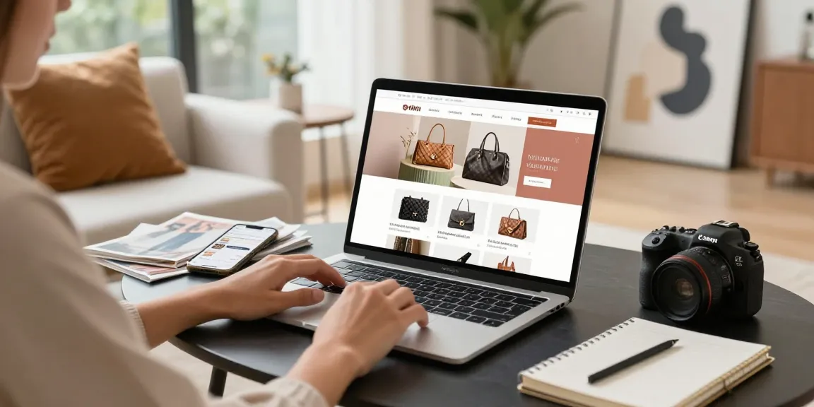 Engaging online shopping experience featuring luxury replica items in a stylish setting.