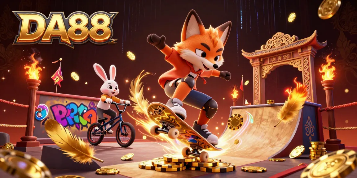 DA88 offers thrilling gameplay with a dynamic illustration of a skateboarder fox and BMX rabbit in a casino-themed scene.