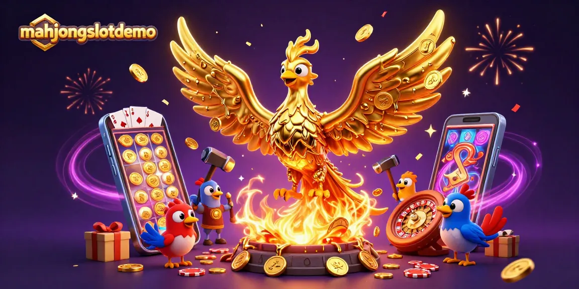 Experience winning action in mahjongslotdemo with a dynamic phoenix surrounded by colorful casino elements.