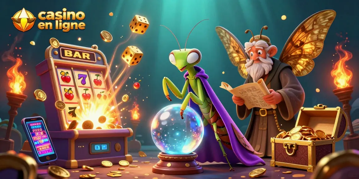 Un monde de casino en ligne avec un caméléon voyant, des jeux et des trésors scintillants.