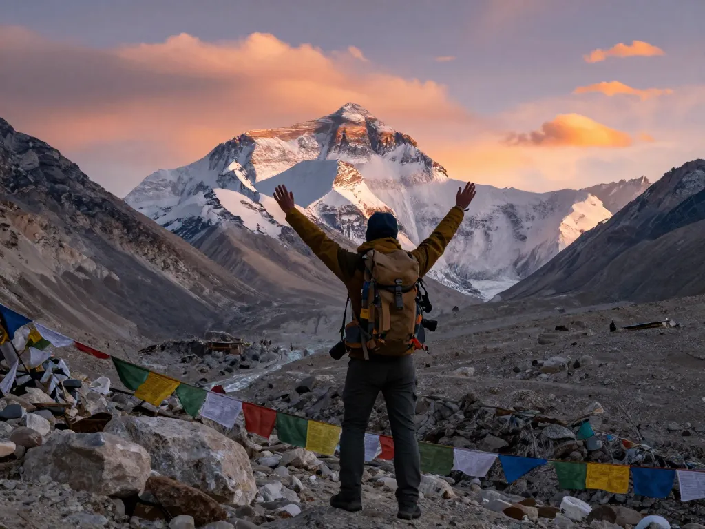 Everest Base Camp Trek traveler celebrating at sunrise with Himalayan backdrop