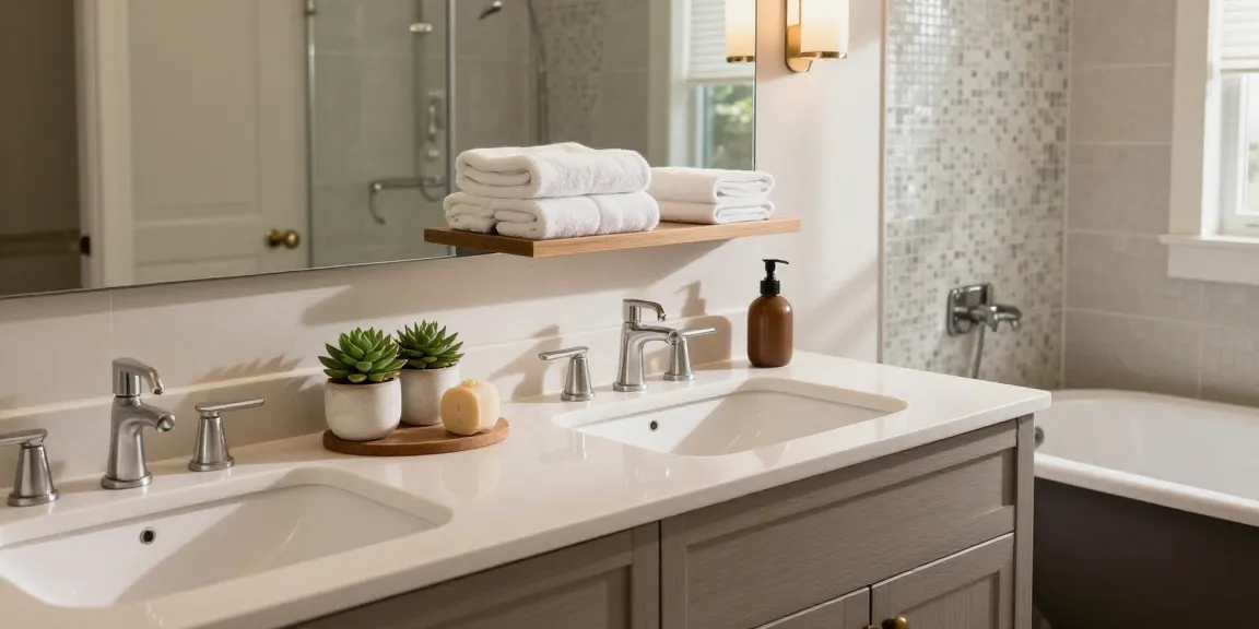 Stylish bathroom vanity with dual sinks and natural light, creating an elegant interior ambiance.