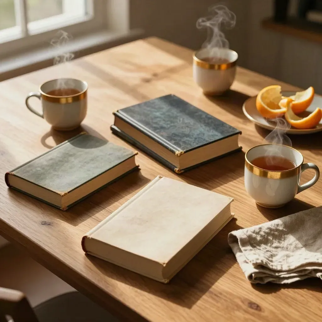 Overhead of used books, mugs, linen napkin and citrus peels on a sunlit table with tea steam