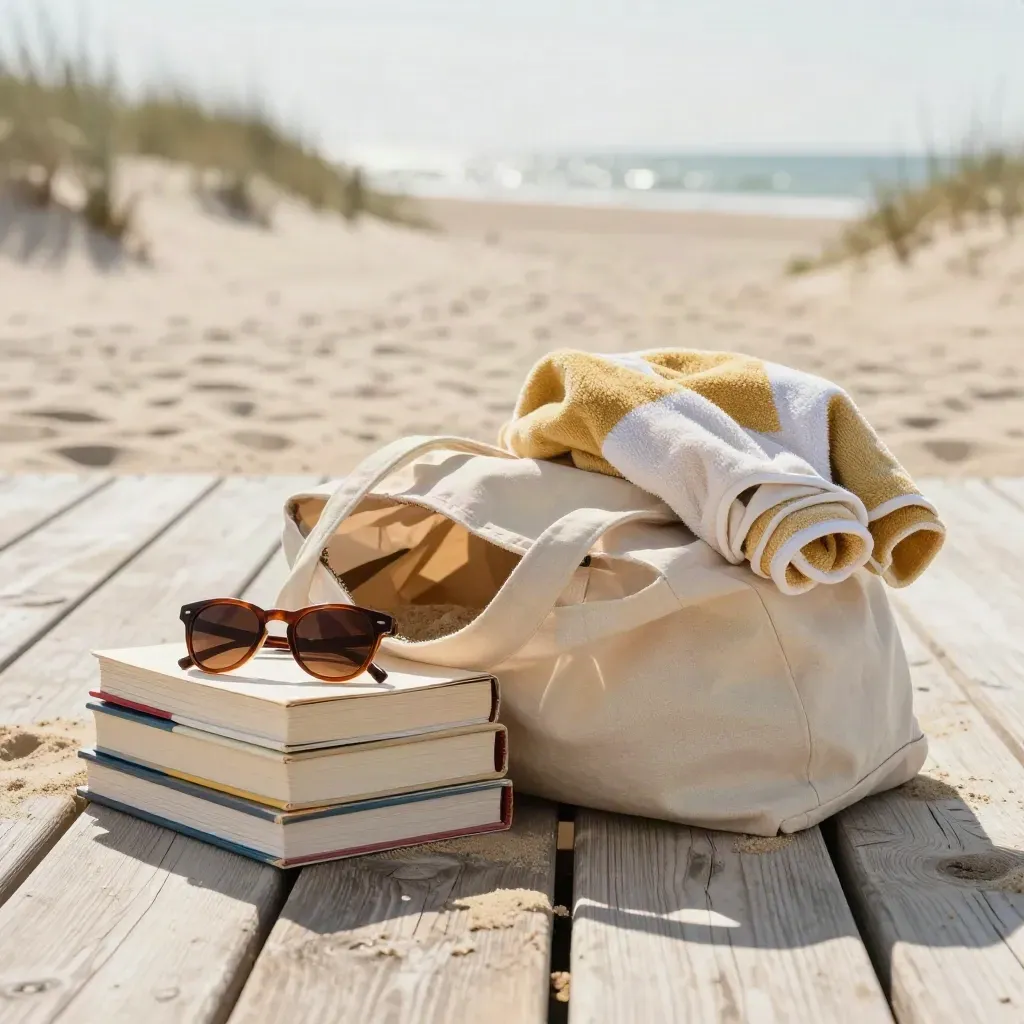 Beach tote with paperbacks, sunglasses, and towel on sunlit deck boards by the shore.
