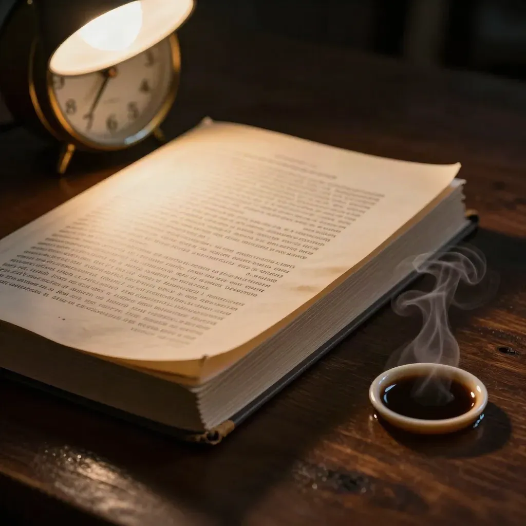 Face-down paperback, brass clock and coffee ring on a dark worktable in warm midnight light.