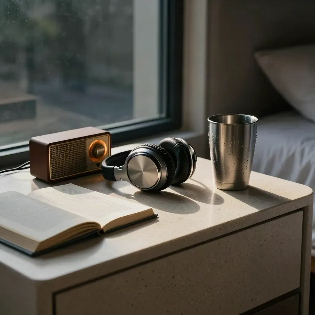 Headphones, compact radio, closed novel and tumbler on a hotel nightstand by a misted dark window.