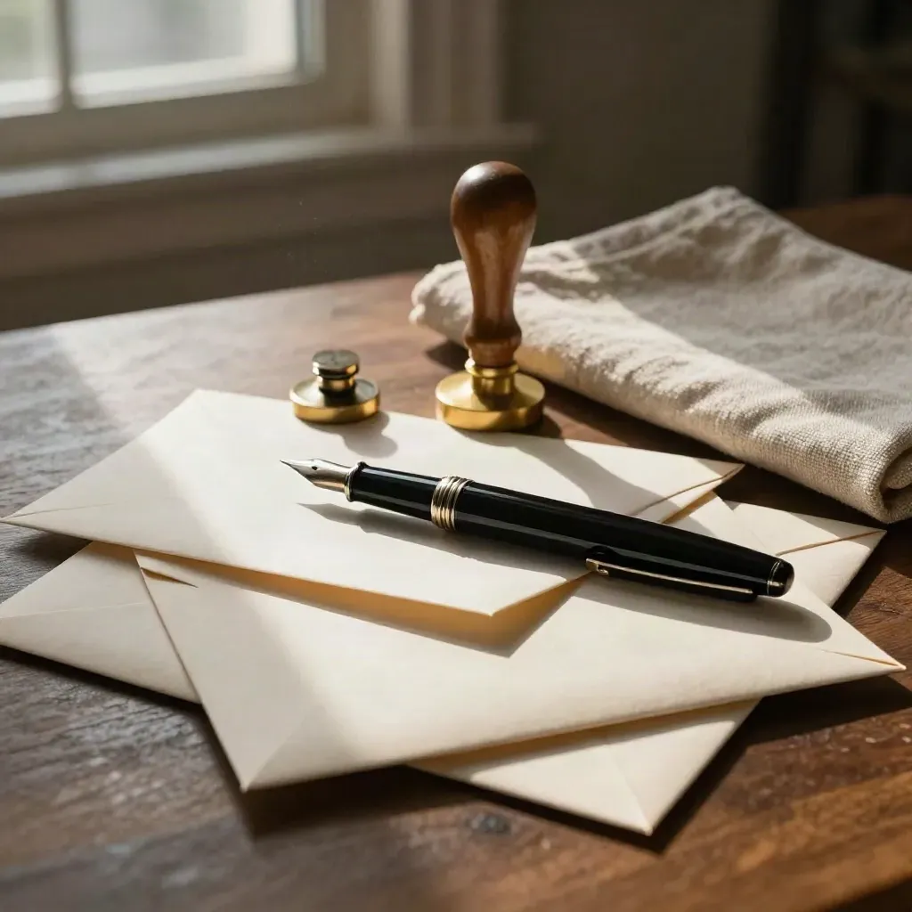 Sealed envelopes, pen, wax stamp and linen cloth on a walnut desk in soft window light.