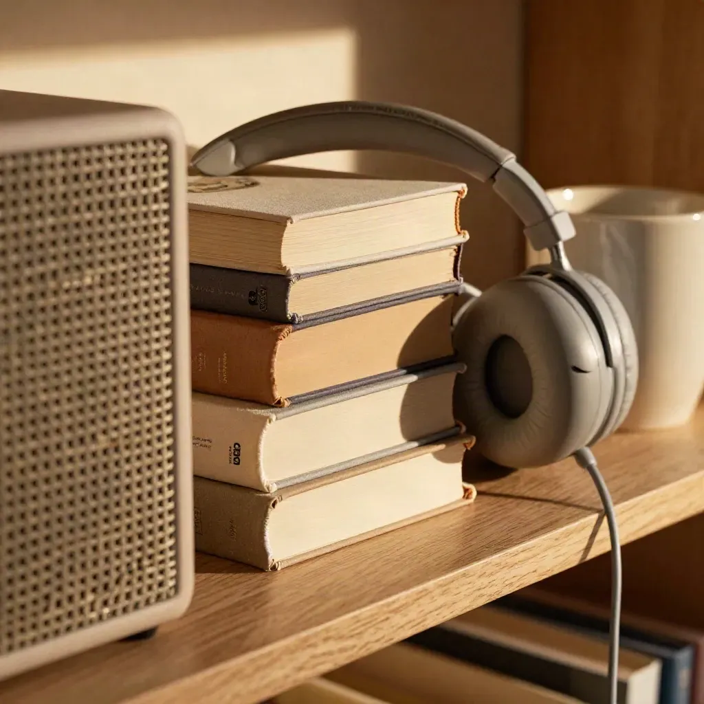 Woven speaker, headphones, books and a mug on a pale oak shelf in warm evening light.