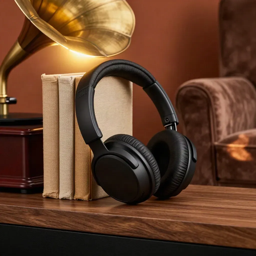 Headphones beside clothbound classics and a gramophone-style speaker in a hazy reading nook.